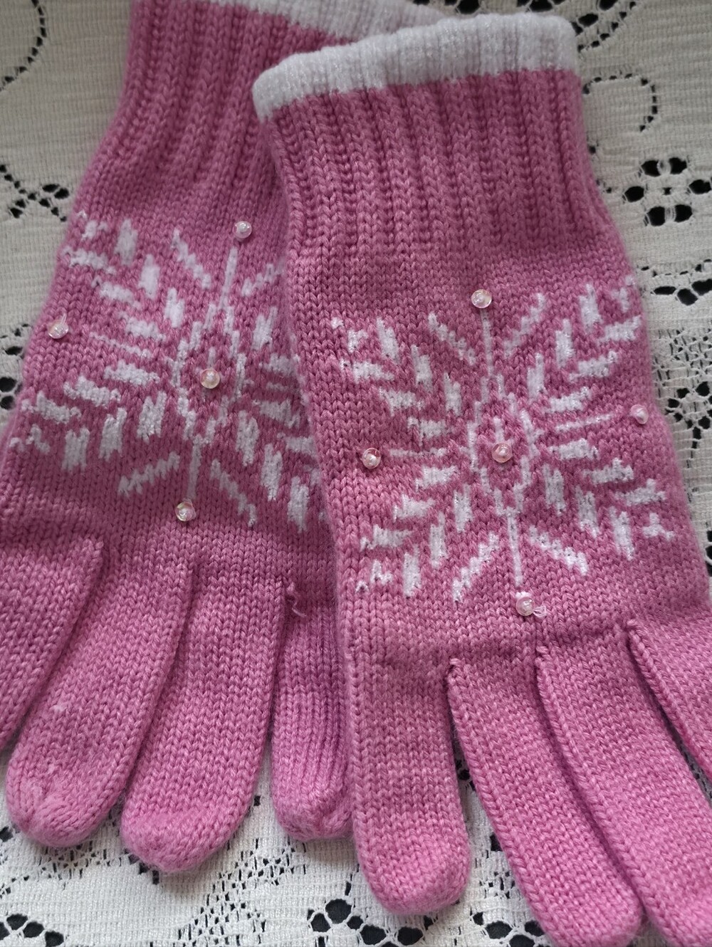 PINK GLOVES WITH WHITE SNOW FLAKE AND CZ ACCENTS